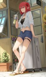Rule 34 | 1girl, absurdres, arm support, bare legs, blue shorts, building, collarbone, commission, crop top, cup, flower, goback, hair between eyes, hair flower, hair ornament, highres, holding, holding cup, leaning back, leaning on object, looking to the side, medium hair, midriff, navel, open fly, original, outdoors, plant, pointy ears, potted plant, red eyes, red flower, red hair, rolling suitcase, sandals, shirt, short shorts, shorts, solo, straw, suitcase, sunflower, sweat, thigh strap, tied shirt, wet, wet clothes