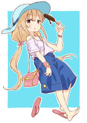 Rule 34 | 10s, 1girl, arm at side, asymmetrical clothes, badge, bag, barefoot, blonde hair, blue background, blue hat, border, bow, bra strap, brown eyes, button badge, chocolate banana, feet, flip-flops, food, full body, futaba anzu, hair bow, hat, highres, idolmaster, idolmaster cinderella girls, long hair, looking at viewer, no socks, off shoulder, outside border, parted lips, sandals, shirt, shoes, shorts, shoulder bag, simple background, single sandal, single shoe, smiley face, solo, sukegawa hirohiko, sun hat, sweat, twintails, very long hair, watch, white border, white shirt, wristband