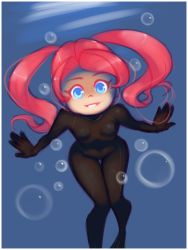 Rule 34 | 1girl, alba (ryuhi), black bodysuit, blue eyes, bodysuit, breasts, bubble, diving suit, drantyno, flippers, grin, highres, long hair, looking at viewer, red hair, small breasts, smile, swimming, teeth, twintails, underwater, water, wetsuit