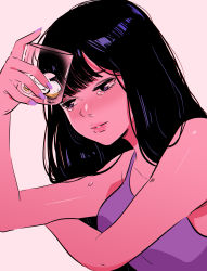 Rule 34 | 1girl, absurdres, alcohol, black hair, blunt bangs, blush, colored skin, crying, crying with eyes open, drink, drunk, glass, highres, lips, long hair, nail polish, original, parted lips, pink skin, purple eyes, purple nails, purple shirt, sad, shirt, simple background, solo, stephanie priscilla, tank top, tears, upper body