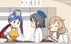Rule 34 | 3girls, alternate costume, alternate hair length, alternate hairstyle, apron, beret, black hair, blue hair, blue headwear, braid, commentary request, cooking, dated, closed eyes, fork, hamu koutarou, hat, headgear, highres, holding, holding knife, hotplate, kantai collection, knife, light brown hair, long hair, low ponytail, minegumo (kancolle), multicolored hair, multiple girls, one-hour drawing challenge, red eyes, red hair, short hair, south dakota (kancolle), star (symbol), sweater, table knife, takao (kancolle), twin braids, upper body, white hair, white sweater, yellow apron