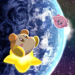 Rule 34 | :d, arms up, blue eyes, blush, blush stickers, brown eyes, commentary, earth (planet), floating, highres, kirby, kirby (series), looking at viewer, miclot, nintendo, no humans, open mouth, planet, red footwear, shoes, smile, space, star (sky), star (symbol), sun, symbol-only commentary, waddle dee, warp star, yellow footwear