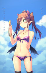 Rule 34 | 1girl, akakage red, bikini, black thighhighs, black wings, blue sky, blush, breasts, brown hair, cellphone, checkered bikini, checkered clothes, chromatic aberration, closed mouth, cloud, cloudy sky, cowboy shot, day, feathered wings, hair between eyes, halterneck, hand up, hat, highres, himekaidou hatate, holding, holding phone, long hair, looking at phone, navel, outdoors, phone, pointy ears, purple bikini, side-tie bikini bottom, sky, small breasts, smartphone, solo, string bikini, swimsuit, thighhighs, thighs, tokin hat, touhou, wings