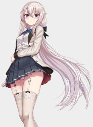 Rule 34 | 1girl, 9a-91 (girls&#039; frontline), absurdres, blue bow, blue bowtie, blue eyes, blush, bow, bowtie, closed mouth, garter straps, girls&#039; frontline, grey background, highres, jacket, long hair, long sleeves, looking at viewer, panties, pleated skirt, school uniform, shirt, silver hair, skirt, solo, thighhighs, underwear, very long hair, white panties, white shirt, yakob labo