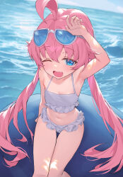 Rule 34 | 1girl, absurdres, ahoge, beach, bikini, blue archive, blue eyes, blush, caustics, day, eyewear on head, fang, frilled bikini, frills, goggles, goggles on head, highres, horizon, hoshino (blue archive), hoshino (swimsuit) (blue archive), lilithmy, long hair, looking at viewer, navel, ocean, one eye closed, open mouth, outdoors, pink hair, pool, poolside, smile, soaking feet, solo, sunglasses, swimsuit, twintails, very long hair, water, waves, white bikini