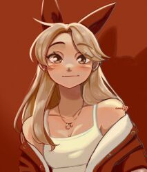 Rule 34 | 1girl, :], bare shoulders, blonde hair, camisole, collarbone, commentary, crescent, crescent necklace, cudlil, cudlil (character), ear piercing, hair ribbon, highres, jacket, jewelry, letterman jacket, long hair, looking at viewer, necklace, off shoulder, original, piercing, red background, red jacket, red ribbon, red theme, ribbon, solo, straight-on, symbol-only commentary, upper body, white camisole