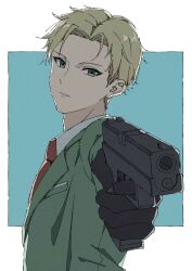 Rule 34 | 1boy, aiming, aiming at viewer, black gloves, blonde hair, blue background, blue eyes, collared shirt, finger on trigger, gloves, green jacket, gun, handgun, highres, holding, holding gun, holding weapon, jacket, komura hiroto, looking at viewer, necktie, outstretched arm, red necktie, shirt, spy x family, suit jacket, twilight (spy x family), two-tone background, upper body, weapon, white background, white shirt