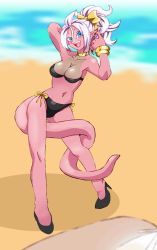 Rule 34 | android 18, android 21, breasts, cleavage, colored skin, commentary request, day, dragon ball, dragon ball fighterz, graphite (medium), high heels, light persona, millipen (medium), multiple girls, onnaski, pointy ears, thighs, traditional media