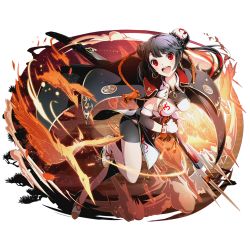 Rule 34 | 10s, 1girl, black hair, black shorts, bracelet, cape, detached sleeves, divine gate, feathers, full body, gloves, hair ornament, himezuru (divine gate), holding, holding sword, holding weapon, jewelry, leg up, long hair, looking at viewer, official art, open mouth, red eyes, shadow, shorts, solo, sword, transparent background, ucmm, weapon, white gloves