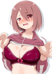 Rule 34 | 1girl, absurdres, bra, breasts, brown hair, cleavage, eggman (pixiv28975023), frilled bra, frills, hair over one eye, highres, hoshino miyako (wataten), jacket, lace, lace-trimmed bra, lace trim, large breasts, lifting own clothes, lingerie, navel, red bra, red eyes, red jacket, shiny skin, short hair, simple background, solo, sweat, track jacket, track suit, underwear, upper body, watashi ni tenshi ga maiorita!, wavy mouth, white background