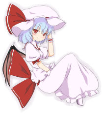 Rule 34 | 1girl, bat wings, blue hair, coo (coonekocoo), fang, female focus, highres, puffy sleeves, red eyes, remilia scarlet, short sleeves, smile, solo, touhou, white background, wings, wrist cuffs