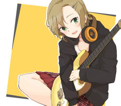 Rule 34 | 1girl, :d, black jacket, brown hair, electric guitar, enu (roco roco44), fender stratocaster, green eyes, guitar, hair between eyes, hair ornament, hairclip, headphones, headphones around neck, hood, hood down, hooded jacket, idolmaster, idolmaster cinderella girls, instrument, jacket, long sleeves, looking at viewer, open clothes, open jacket, open mouth, parted bangs, plaid, plaid skirt, red skirt, shirt, sitting, skirt, smile, solo, tada riina, teeth, upper teeth only, white shirt