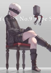 Rule 34 | 1boy, absurdres, black blindfold, black choker, black gloves, black jacket, black shorts, black socks, blindfold, boots, chair, character name, choker, commentary, foot out of frame, gloves, hands on own knee, highres, jacket, long sleeves, male focus, nier (series), nier:automata, own hands together, pod (nier:automata), short hair, shorts, sitting, socks, solo, white hair, 9s (nier:automata), yorishiem