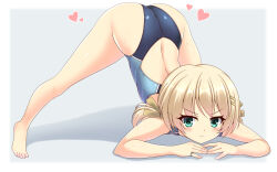Rule 34 | 1girl, arm rest, ass, barefoot, blonde hair, blue one-piece swimsuit, competition swimsuit, full body, green eyes, hair ornament, hairclip, hands on ground, hizuki aki, jack-o&#039; challenge, long hair, looking at viewer, one-piece swimsuit, original, revision, solo, spread legs, swimsuit, top-down bottom-up, twintails, two-tone swimsuit, wide spread legs