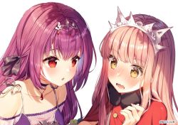 Rule 34 | 2girls, alternate costume, artist name, black ribbon, blunt bangs, blush, buttons, choker, collarbone, dress, fate/grand order, fate (series), fur collar, headpiece, jewelry, long hair, looking at another, medb (fate), multiple girls, necklace, pink hair, purple dress, purple hair, red eyes, ribbon, rosuuri, scathach (fate), scathach skadi (fate), sidelocks, simple background, tiara, upper body, wavy mouth, white background, yellow eyes