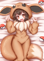 Rule 34 | 1girl, :3, animal ears, animal hood, bed sheet, blush, blush stickers, bodysuit, brown bodysuit, brown eyes, brown hair, brown theme, clenched hands, cosplay, covered navel, creatures (company), dakimakura (medium), eevee, eevee (cosplay), fake animal ears, fake tail, fang, female focus, flat chest, from above, fur collar, game freak, gen 1 pokemon, hands up, happy, highres, hood, hood up, horokusa (korai), long sleeves, looking at viewer, lying, nintendo, on back, open mouth, poke ball, poke ball (basic), poke kid (pokemon), pokemon, pokemon (creature), pokemon swsh, short hair, sidelocks, smile, solo, tail