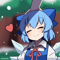 Rule 34 | 1girl, 1other, blue bow, blue hair, blurry, blurry background, bow, cirno, closed eyes, closed mouth, commentary, facing viewer, ferdy&#039;s lab, hair bow, ice, ice wings, outdoors, short hair, smile, solo, solo focus, touhou, twitter username, upper body, wings