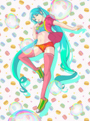 Rule 34 | 1girl, aqua eyes, aqua hair, finger to mouth, food, hatsune miku, heart, heart print, hood, hooded jacket, hoodie, jacket, long hair, macaron, midriff, navel, open clothes, open hoodie, pink thighhighs, shoes, short shorts, shorts, solo, suishougensou, thighhighs, twintails, very long hair, vocaloid
