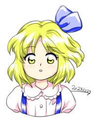 Rule 34 | 1girl, 2023, :o, alice margatroid, alice margatroid (pc-98), blonde hair, blue ribbon, dated, hair ribbon, looking at viewer, nonamejd, official style, ribbon, short hair, simple background, solo, suspenders, touhou, touhou (pc-98), upper body, white background, yellow eyes, zun (style)
