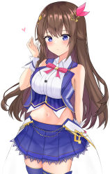 Rule 34 | 1girl, absurdres, aiguillette, arm at side, bad id, bad pixiv id, blouse, blue eyes, blue ribbon, blue skirt, blue thighhighs, blue vest, blush, breasts, brown hair, chain, collared shirt, corset, cowboy shot, cropped shirt, cropped vest, diamond hair ornament, frilled cuffs, frills, gold chain, gold trim, groin, hair between eyes, hair flaps, hair ornament, hair ribbon, hairclip, hand up, heart, highres, hololive, idol, lace, lace-trimmed skirt, lace trim, leg ribbon, long hair, looking at viewer, medium breasts, midriff, miniskirt, navel, neck ribbon, parted lips, pleated skirt, red ribbon, ribbon, shirt, simple background, skirt, sleepmoon3589, sleeveless, sleeveless shirt, star (symbol), star hair ornament, thigh ribbon, thighhighs, tokino sora, tokino sora (1st costume), underbust, vest, virtual youtuber, waist cape, white background, white shirt, wrist cuffs, zettai ryouiki