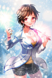 Rule 34 | 1girl, ahoge, aile (crossroads), blush, bracelet, breasts, brown hair, cleavage, collarbone, dagger, earrings, glowing, grin, holding, impossible clothes, jacket, jewelry, knife, large breasts, necklace, open mouth, pointing, red eyes, short hair, shorts, sleeves rolled up, smile, sword girls, weapon