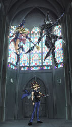 Rule 34 | 1girl, 2boys, apollo hotori, armor, artist name, bare shoulders, belt, black footwear, black shirt, blonde hair, blue footwear, blue headwear, blue pants, blue skin, boots, candle, closed mouth, collar, colored skin, dark magician, dark magician girl, dated, door, duel disk, duel monster, full body, hat, highres, holding, holding staff, holding weapon, indoors, jacket, jacket on shoulders, light rays, long hair, looking at viewer, midair, multicolored hair, multiple belts, multiple boys, pants, pauldrons, purple eyes, scar, school uniform, shirt, shoes, shoulder armor, sleeveless, sleeveless shirt, smile, spiked hair, staff, stained glass, standing, sunbeam, sunlight, tank top, wand, weapon, window, wristband, yami yugi, yu-gi-oh!, yu-gi-oh! the dark side of dimensions