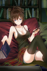 Rule 34 | 1girl, blanket, blue eyes, book, breasts, brown hair, cleavage, glasses, large breasts, lowres, pillow, ponytail, shorts, sitting, solo, sword girls, tank top, thighhighs