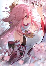 Rule 34 | 1girl, animal ears, black bow, blurry, blurry foreground, blush, bow, branch, breasts, cherry blossoms, closed mouth, commentary, detached sleeves, earrings, eyelashes, flower knot, fox ears, from side, genshin impact, hair between eyes, headpiece, highres, japanese clothes, jewelry, long hair, medium breasts, miko, necklace, petals, pink hair, profile, purple eyes, shiohana, sideboob, smile, solo, tassel, upper body, wide sleeves, wind, yae miko