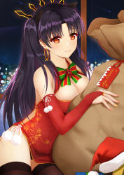 Rule 34 | 1girl, bad id, bad pixiv id, bare shoulders, black hair, black panties, black ribbon, black thighhighs, blurry, bokeh, bow, bowtie, breasts, bridal gauntlets, china dress, chinese clothes, christmas, cleavage, closed mouth, commentary request, cowboy shot, depth of field, dress, earrings, fate/grand order, fate (series), flower, fur trim, glint, gloves, green bow, green bowtie, hair ornament, hair ribbon, hat, highres, hoop earrings, indoors, ishtar (fate), jewelry, long hair, looking at viewer, medium breasts, merry christmas, multicolored nails, nail polish, night, night sky, panties, parted bangs, pelvic curtain, pom pom (clothes), red dress, red eyes, red flower, red gloves, red hat, red nails, ribbon, rko (a470350510), sack, santa hat, shooting star, side slit, sky, sleeveless, sleeveless dress, smile, solo, star (sky), starry sky, tareme, thighhighs, thighs, two side up, underwear, window, yellow nails