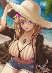 Rule 34 | 1girl, absurdres, aqua nails, arknights, beach, blonde hair, braid, breasts, cleavage, eyewear on head, feet out of frame, hat, highres, jewelry, large breasts, looking at viewer, necklace, ocean, okashira2ki, outdoors, purple eyes, short shorts, shorts, sitting, smile, solo, sun hat, utage (arknights), utage (summer flowers) (arknights)