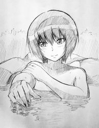 Rule 34 | 1girl, amagami, bathing, closed mouth, collarbone, commentary, completely nude, dripping, foliage, greyscale, hair between eyes, head tilt, jishaku (user rcuz2843), looking ahead, looking at viewer, monochrome, motion lines, nanasaki ai, nude, onsen, short hair, sketch, smile, solo, stone, upper body, water, wet