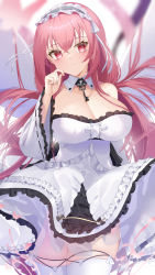 Rule 34 | 1girl, absurdres, azur lane, blush, breasts, dress, frilled dress, frilled sleeves, frills, highres, jewelry, key, key necklace, large breasts, long hair, looking at viewer, necklace, perseus (azur lane), pink eyes, pink hair, seele0907, solo, strapless, strapless dress, thighhighs, twintails, two-tone dress, very long hair, white dress, white thighhighs, wide sleeves