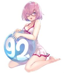 Rule 34 | 1girl, ball, bare arms, bare legs, blush, breasts, cleavage, collarbone, comiket 92, dress, fate/grand order, fate (series), full body, glasses, holding, holding ball, kneeling, looking at viewer, mash kyrielight, mash kyrielight (swimsuit of perpetual summer), medium breasts, official alternate costume, open mouth, pink hair, purple eyes, see-through, shirabi, short hair, simple background, white background, white dress