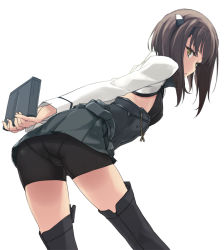 Rule 34 | 10s, 1girl, arms behind back, ass, bent over, bike shorts, blush, breasts, brown eyes, brown hair, kantai collection, looking at viewer, panties under bike shorts, pantylines, rokuwata tomoe, short hair, simple background, skirt, small breasts, solo, taihou (kancolle), thighhighs, white background
