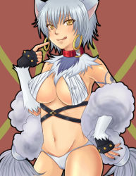 Rule 34 | .hack//, .hack//tasogare no udewa densetsu, 00s, 1girl, :q, animal ears, bandai, bikini, black nails, breasts, cameltoe, collar, covered erect nipples, cyber connect 2, dog ears, earrings, fingerless gloves, fur, gloves, hoop earrings, jewelry, large breasts, nail polish, ouka (.hack//), pointing, short hair, silver hair, solo, strap, swimsuit, tongue, tongue out, white bikini, yellow eyes