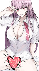 Rule 34 | 1girl, absurdres, alternate costume, arm up, blunt bangs, breasts, censored, cleavage, collared shirt, heart, heart censor, highres, hololive, hololive english, large breasts, long hair, looking at viewer, mori calliope, naked shirt, necktie, pink hair, red eyes, red necktie, sak1 01, shirt, sidelocks, solo, virtual youtuber, white background, white shirt