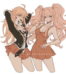 Rule 34 | 2girls, :d, ahoge, arms behind head, bare arms, bare shoulders, black necktie, black shirt, bow, bracelet, breasts, cosplay, costume switch, criis-chan, cropped legs, danganronpa: trigger happy havoc, danganronpa (series), dress, enoshima junko, enoshima junko (cosplay), jewelry, large breasts, long hair, miniskirt, multiple girls, necktie, no hair ornament, open mouth, panty &amp; stocking with garterbelt, panty (psg), panty (psg) (cosplay), pink dress, pleated skirt, red bow, red nails, red skirt, shirt, simple background, skirt, small breasts, smile, teeth, twintails, upper teeth only, white background, white necktie