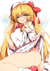 Rule 34 | 1girl, ass, blonde hair, blush, bottomless, bow, bowtie, breasts, capelet, clothes lift, commentary request, dress, green eyes, hair between eyes, highres, lifted by self, lily white, long hair, long sleeves, looking at viewer, medium breasts, open mouth, red bow, red bowtie, red footwear, sakurame, simple background, socks, solo, touhou, white background, white capelet, white dress, white headwear, white socks, wings