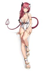 Rule 34 | 1girl, armlet, bare legs, bare shoulders, blush, braid, breasts, casual one-piece swimsuit, cleavage, commentary, covered navel, cross-laced clothes, cross-laced one-piece swimsuit, demon girl, demon horns, demon tail, flower, frilled swimsuit, frills, hair flower, hair ornament, hibiscus, highres, hiyashi mirano, horns, io (princess connect!), io (summer) (princess connect!), jewelry, large breasts, long hair, looking at viewer, one-piece swimsuit, princess connect!, red eyes, red hair, shadow, side braid, sitting, smile, solo, swimsuit, tail, thighlet, white background, white one-piece swimsuit