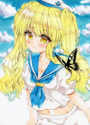 Rule 34 | 1girl, anchor symbol, blonde hair, blue neckwear, blue sailor collar, breasts, bug, butterfly, cleavage, cloud, cloudy sky, collarbone, hat, insect, kitashirakawa chiyuri, long hair, marker (medium), midriff, navel, puffy short sleeves, puffy sleeves, sailor, sailor collar, sailor hat, shirt, short sleeves, shorts, sky, stomach, touhou, touhou (pc-98), traditional media, twintails, uniform, white hat, white shirt, white shorts, yellow eyes, zenra1112