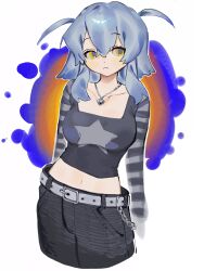 Rule 34 | 1girl, belt, black pants, blue hair, breasts, closed mouth, crop top, cropped legs, hair between eyes, heart, heart necklace, highres, jewelry, long sleeves, medium breasts, multicolored hair, navel, necklace, original, pants, simple background, solo, star (symbol), striped, striped sleeves, two side up, waonwaowao3, yellow eyes