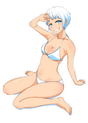Rule 34 | 1girl, :d, arm support, bare arms, bare legs, bare shoulders, barefoot, bikini, blue eyes, blue hair, breasts, commentary request, feet, fingernails, hand up, hi iro, highres, looking at viewer, medium breasts, navel, open mouth, original, pink lips, simple background, sitting, smile, solo, swimsuit, wariza, white background, white bikini