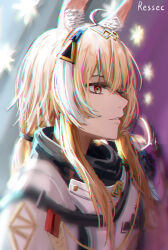 Rule 34 | 1girl, absurdres, animal ear fluff, animal ears, arknights, armor, blonde hair, blurry, chinese commentary, commentary request, depth of field, from side, hair between eyes, hair ornament, highres, horse ears, horse girl, long hair, nearl (arknights), nearl the radiant knight (arknights), nearl the radiant knight (relight) (arknights), orange eyes, ponytail, portrait, ressec, signature, solo, star (symbol)