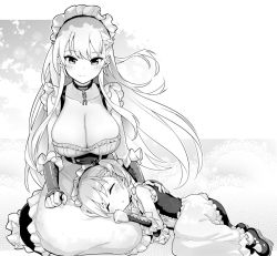 Rule 34 | 2girls, azur lane, belfast (azur lane), blush, breasts, cleavage, closed mouth, collarbone, elbow gloves, fingerless gloves, gloves, greyscale, hori (hori no su), lap pillow, large breasts, little bel (azur lane), looking at another, lying, medium hair, monochrome, multiple girls, on side, sleeping, smile