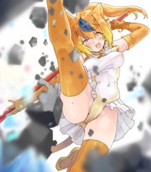 Rule 34 | &gt;:o, 10s, 1girl, :o, animal ears, bangle, bare shoulders, blonde hair, blue hair, bracelet, breasts, circlet, commentary request, elbow gloves, gloves, golden snub-nosed monkey (kemono friends), gradient hair, high ponytail, holding, holding staff, jewelry, kemono friends, long hair, looking at viewer, medium breasts, monkey ears, monkey tail, multicolored hair, naka akira, open mouth, orange hair, outstretched arms, ponytail, rock, skirt, solo, spread legs, staff, tail, thighhighs, two-tone hair, v-shaped eyebrows, yellow thighhighs