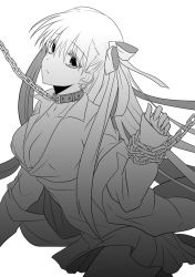 Rule 34 | 1girl, bad id, bad pixiv id, bdsm, bondage, bound, breasts, chain, cleavage, collar, fate/stay night, fate (series), greyscale, hair ribbon, large breasts, leash, long hair, matou sakura, monochrome, ribbon, slave, solo, ty 1865