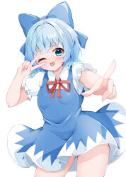 1girl ;d blue_bow blue_eyes blue_hair blush bow breasts cirno collared_shirt commentary_request cowboy_shot dress gluteal_fold hair_bow hand_up looking_at_viewer neck_ribbon one_eye_closed open_mouth outstretched_arm pinafore_dress puffy_short_sleeves puffy_sleeves red_ribbon ribbon rururiaru shirt short_hair short_sleeves simple_background sleeveless sleeveless_dress small_breasts smile solo touhou v v_over_eye white_background white_shirt