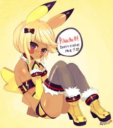 Rule 34 | 1girl, :&lt;, alternate color, animal ears, ankle boots, armband, blonde hair, blush, blush stickers, boots, bridal gauntlets, creatures (company), dark-skinned female, dark skin, english text, flat chest, game freak, gen 1 pokemon, grey thighhighs, high heels, hip focus, hopebiscuit, nintendo, personification, pikachu, pikachu tail, pokemon, pokemon tail, purple eyes, shiny skin, short hair, short shorts, shorts, sitting, solo, tail, thighhighs