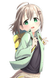 Rule 34 | 1girl, ahoge, backpack, bad id, bad twitter id, bag, black shirt, commentary request, green eyes, green jacket, grey hair, hair ornament, hairclip, jacket, kohshibasaki, looking at viewer, open clothes, open jacket, open mouth, shirt, short hair, solo, white background, yama no susume, yellow bag, yukimura aoi