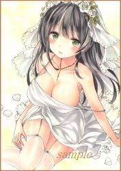 Rule 34 | 1girl, bad id, bad pixiv id, black hair, blush, breasts, bridal veil, cleavage, collarbone, colored pencil (medium), dress, garter straps, green eyes, large breasts, long hair, looking at viewer, marker (medium), open mouth, original, potto, sample watermark, sitting, smile, solo, thighhighs, thighs, traditional media, veil, watermark, wedding dress, white thighhighs